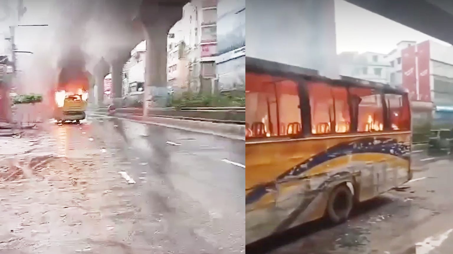 রাজধানীর মিরপুরে যাত্রীদের নামিয়ে বাসে গুলি বর্ষণ ও আগুন